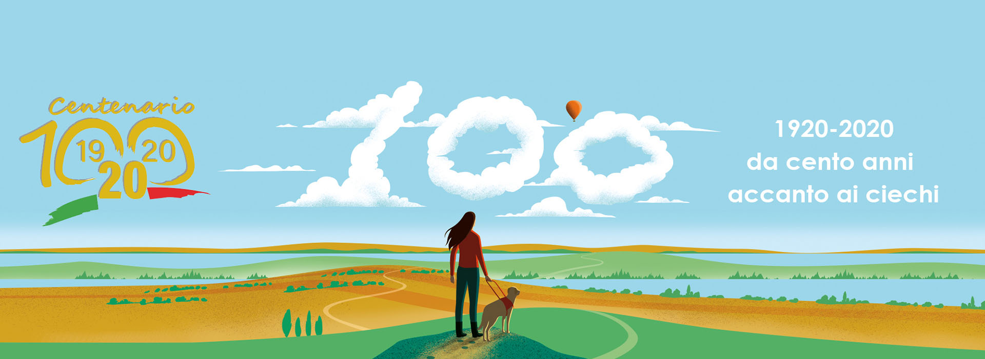 Immagine grafica di donna di spalle con cane guida immersata in un paesaggio collinare. Ai lati Logo dell'Unione italiana ciechie e ipovedenti e del Centenario dell'Associazione